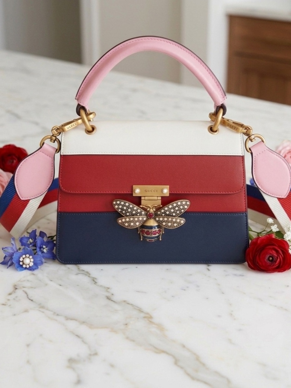 GUCCI Queen Margaret Bee Small Top Handle Bag Tricolor Leather Sylvie Web